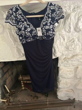 Betsy & Adam Navy Dress with White Floral Lace